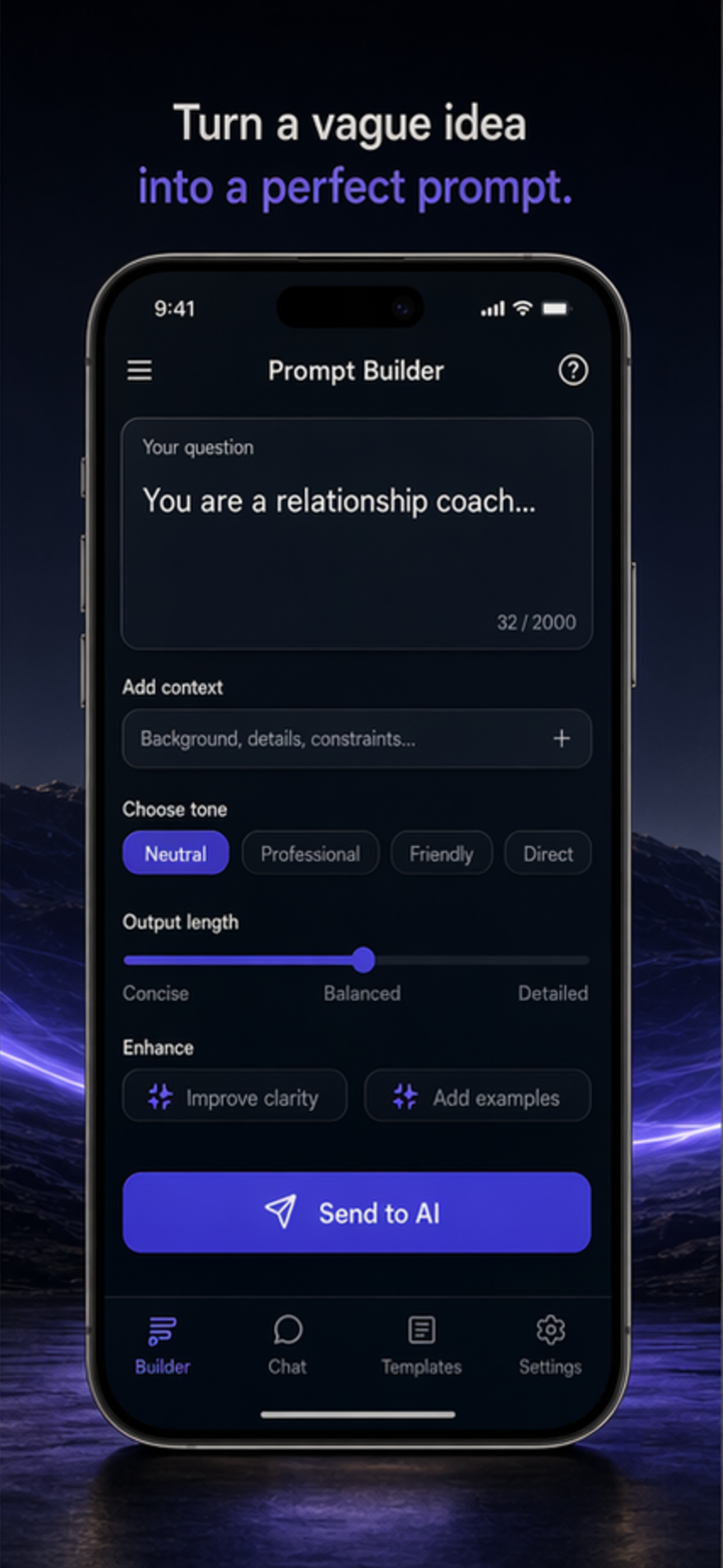 AskBetter prompt builder screen on iPhone.