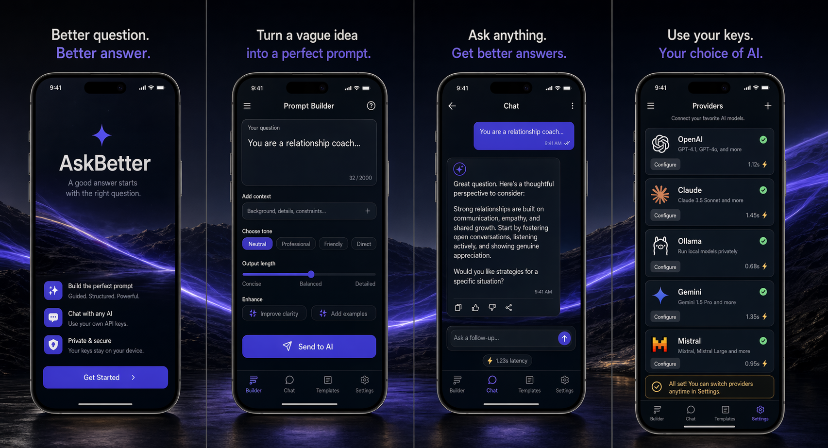 AskBetter iPhone screens showing the app across a connected panorama.